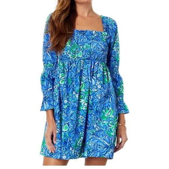 Lilly Pulitzer Dresses & Skirts - Lilly Pulitzer NWT Beyonca Long Sleeve Smocked Square Neck Blue Print Mini Dress